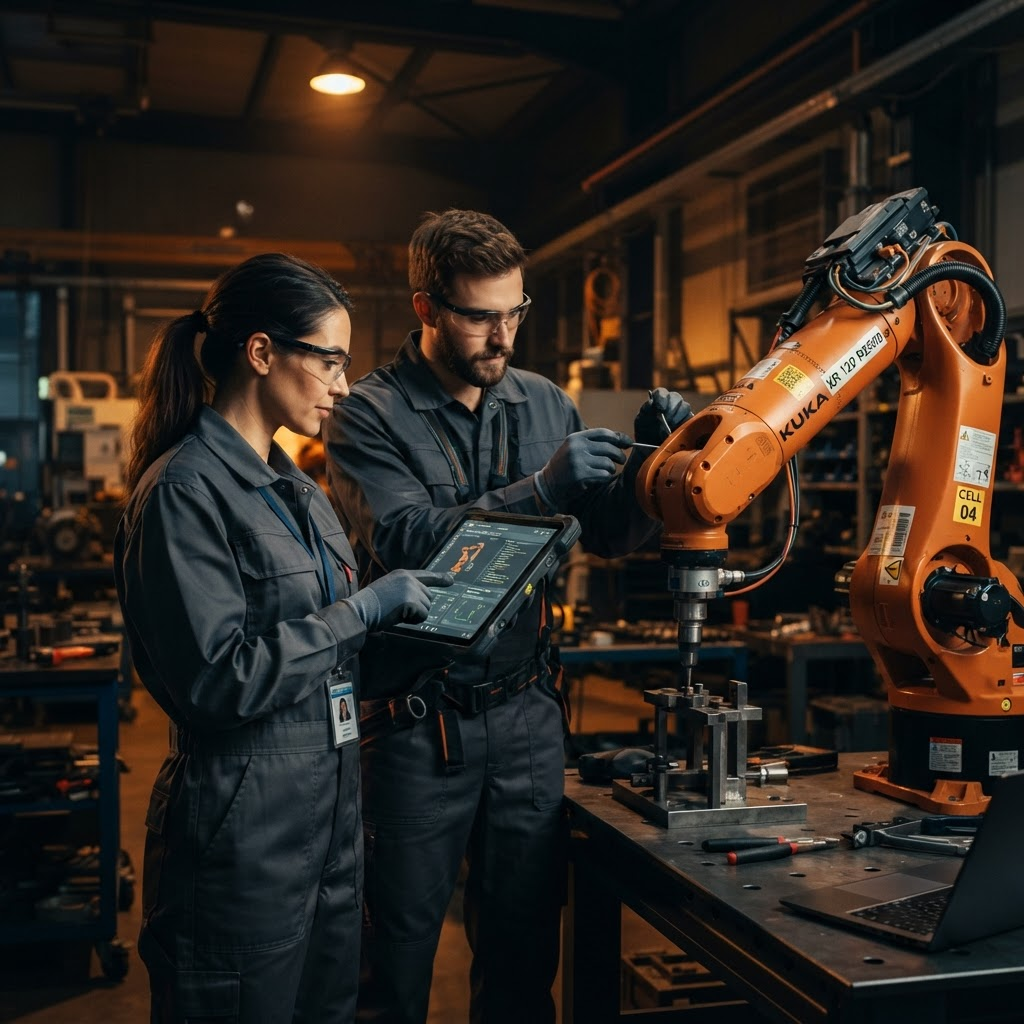 Engineers commissioning a robotic cell